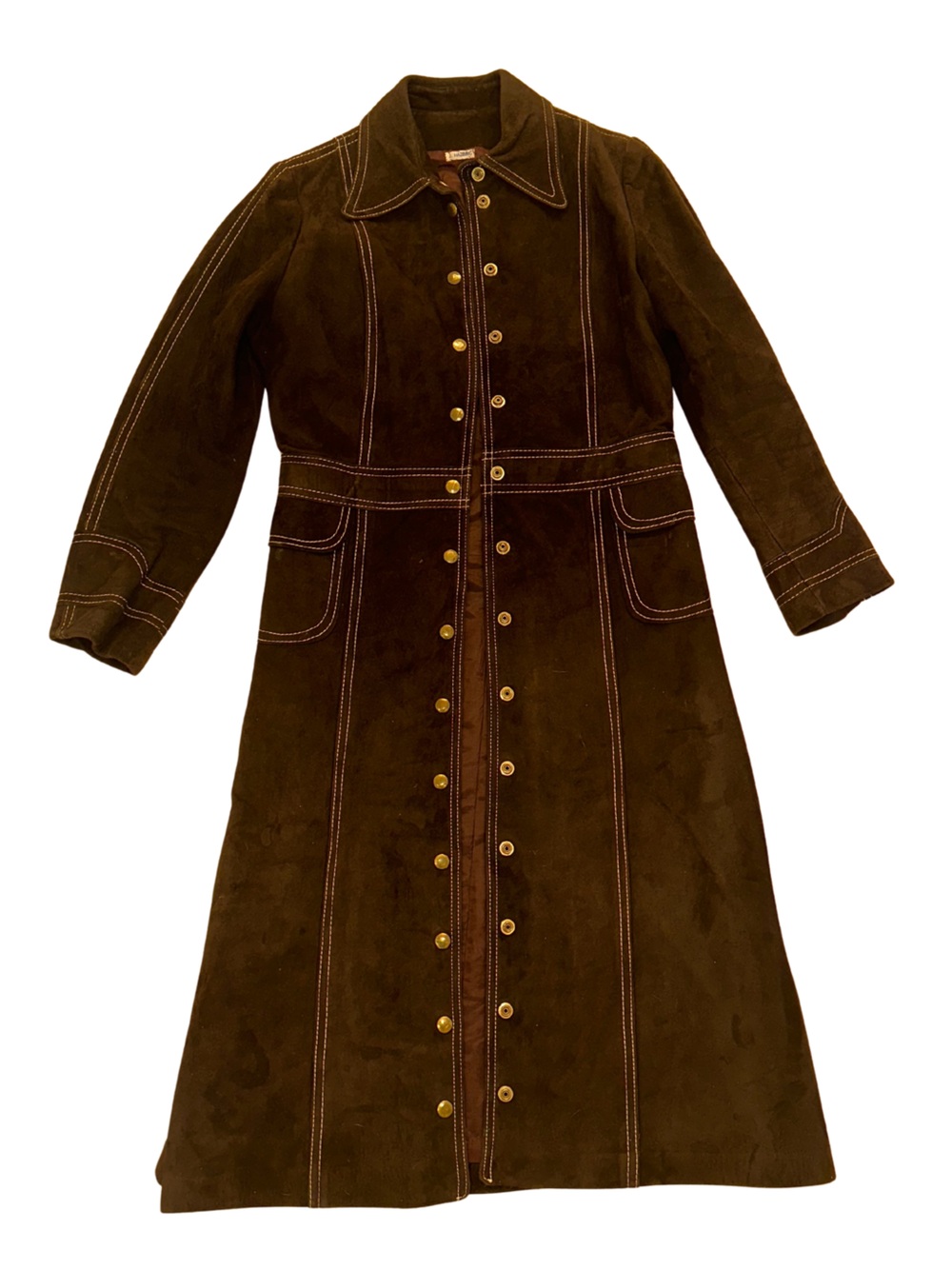 VTG 70s Chocolate Brown Suede Maxi Trench Coat Dress Contrast Stitch